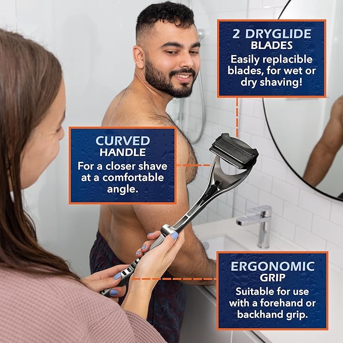 Bakblade 2.0 SilverBak Back Shavers for Men: DIY Hair Shaver, Safety Blade Technology & Ergonomic Handle, Wet & Dry Shaving (Extra Blades Included)