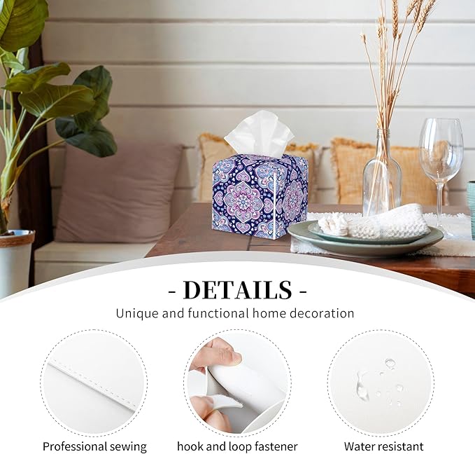 Boho Mandala Flower Tissue Box Cover Square,Indian Paisley Floral Tissue Box Holder Waterproof Leather Facial Paper Organizer Dispenser for Bathroom Home Car Nightstand Vanity Desk