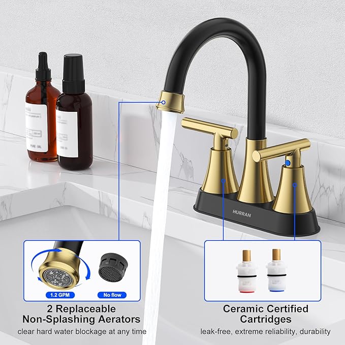 Bathroom Faucets for Sink 3 Hole, Hurran 4 inch Black and Gold Bathroom Sink Faucet with Pop-up Drain and Supply Hoses, Stainless Steel Lead-Free Centerset Faucets for Vanity RV
