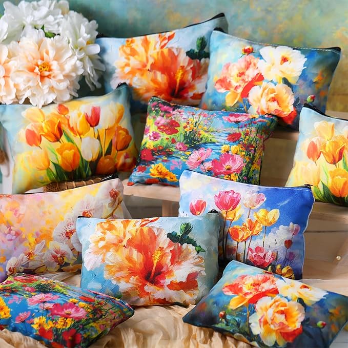 Sweetude 12 Pcs Oil Painting Flowers Makeup Bag Bulk Portable Travel Cosmetic Bags with Zipper Retro Floral Waterproof Roomy Travel Beauty Toiletry Organizer Storage Pouch for Women Gifts