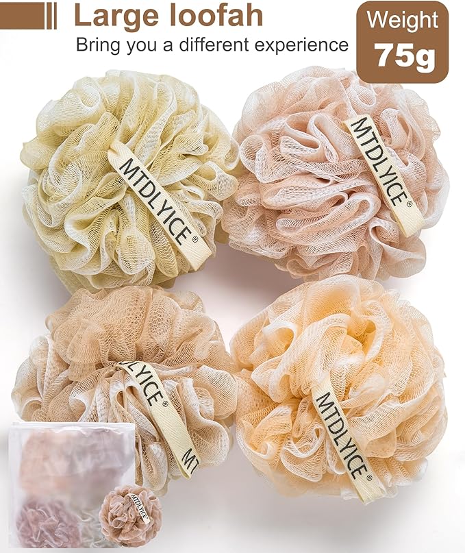 Loofah Sponge, XL Large Loofah 75g 4 Pack, Bath Sponge Soft Mesh Shower, Body Scrubber, Loofah for Men, Bath Accessories Body wash Foaming (Beige)
