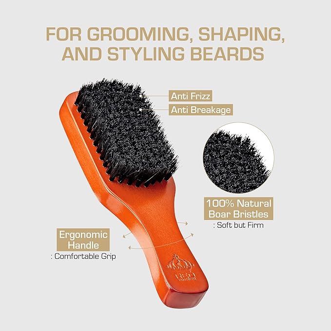 Red by Kiss Beard Brush with 100% Natural Boar Bristles for Men, Premium Wooden Brush, Beards Mustaches Grooming Shaving Comb, Tame and Soften Facial Hair (Club)