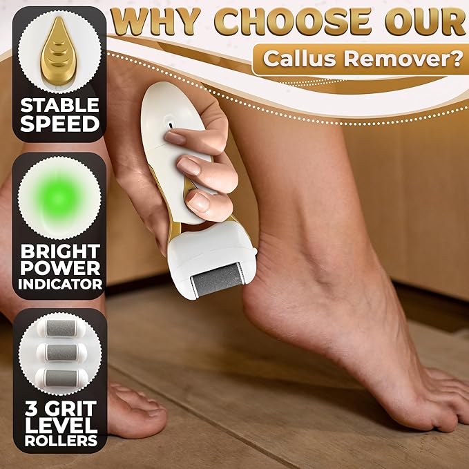 Electric Callus Remover for Feet – Electric Foot Filer with 3 Replacement Rollers & 360° Rotating Head – Hard Skin Remover for Feet with Ergonomic Handle for Easy Grip & Control in Home Pedicure