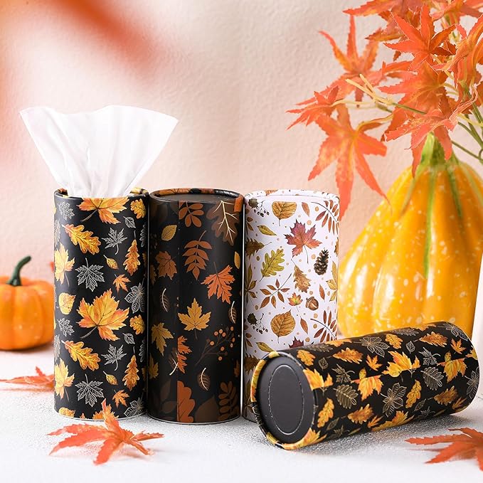 Fourluoo 12 Pack Fall Maple Leaf Tissue Boxes for Car Cylinder Bulk Autumn Round Cylinder Holder with 3 Ply Facial Tissues for Thanksgiving Day Travel Home Bathroom Office Accessories