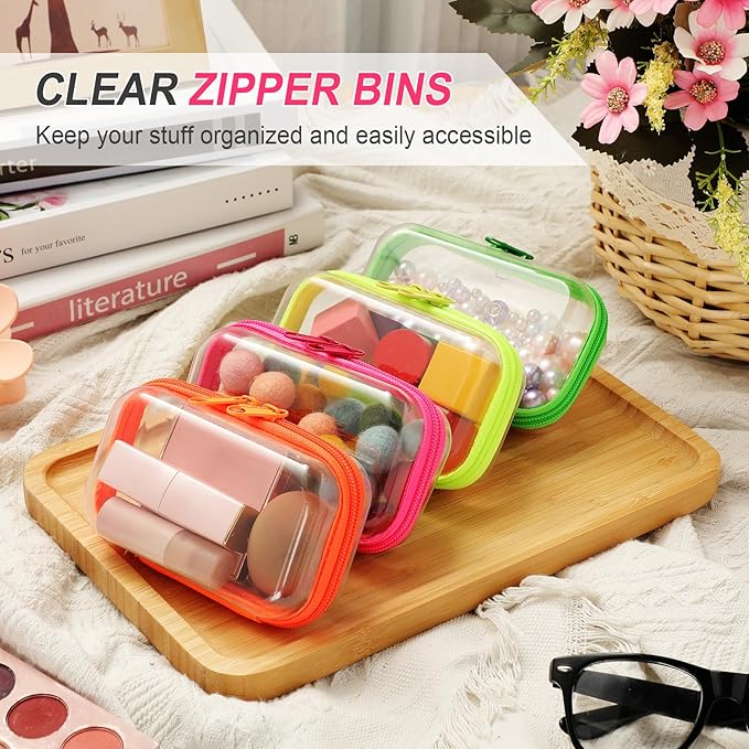 Hoolerry 4 Pcs Hard Clear Zipper Case Makeup Bags Plastic Zipper Pouch Transparent Storage Box Containers for Cosmetics, Snacks, Building Blocks, Puzzles(Clear,5 x 3 x 2 in,Fluorescent)