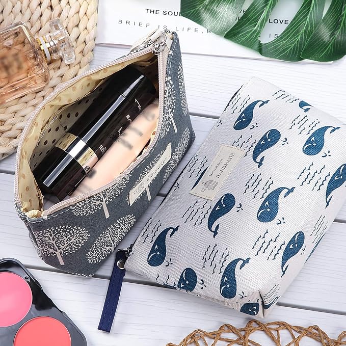 Boao 4 Pieces Canvas Makeup Bags Set Small Cosmetic Pouches for Purse with Zipper Multi Functional Toiletry Travel Case Organizer for Women Gift, 4 Styles(Small,Whale, Bear, Tree, Leave)