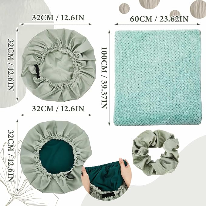 4 Pcs Microfiber Drying Hair Wrap Towels Reusable Waterproof Shower Cap with Elastic Band Adjustable Silk Hair Bonnet for Sleeping with Scrunchie for Women Christmas Favor Gifts(Green)