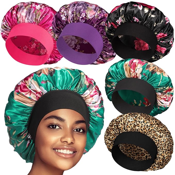 5 Pack Satin Bonnet Silk Bonnet for Sleeping Women, Hair Sleep Bonnets for Women, Wide Soft Band Large Sleep Cap for Curly Hair Braids