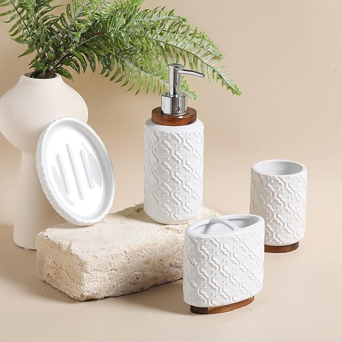 Elegant Bathroom Accessories Set 4 PCS Ceramic and Wood Bathroom Accessory Set Soap Dispenser Toothbrush Holder Tumbler Soap Dish Easy to Clean Quatrefoil Pattern White