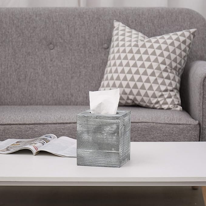 MyGift Graywashed Wood Decorative Tissue Box Holder Cover, Bathroom Facial Tissue Box Cover with Easy Refill Slide-Out Bottom Panel