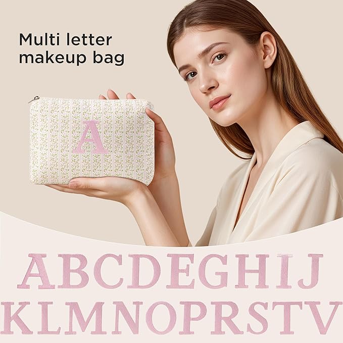 HBselect Initial Quilted Makeup Bag, Pink Cosmetic Travel Toiletry Bag, Flowers Coquette Zipper Make Up Pouch Organizer Teen Girl Gift Trendy Stuff M