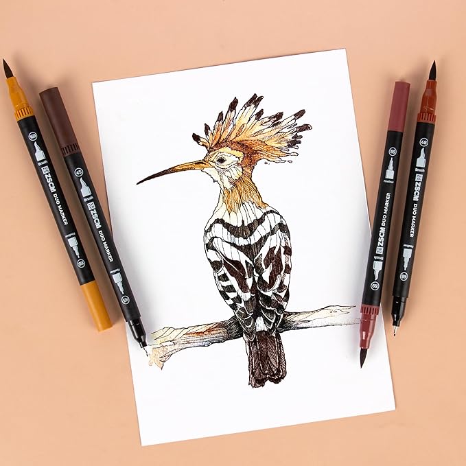 Brown Duo Tip Marker Pens, 12 Pack Fine & Brush Markers for Adult Coloring Books No Bleeding, Earth Brown Markers for Wood Texture, Animal Fur, Vintage Effects and Antique Coloring
