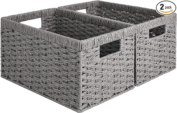 StorageWorks Round Paper Rope Storage Baskets, Rectangular Wicker Baskets with Built-in Handles, Gray, 2-Pack