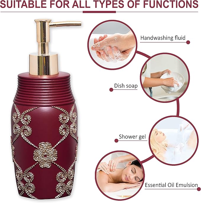 Zahari Home 4pc Elegant Rose Burgundy Bathroom Set Classic Bathroom Lotion Dispenser, Tumbler, Toothbrush Case and Bar Soap Holder Modern Uunique Design Burgundy Red Bathroom Accessories