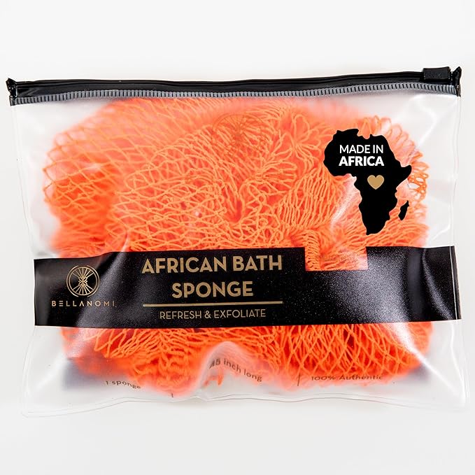 BELLANOMI African Exfoliating Net Sponge, Authentic, Ethically sourced from Nigeria, 45 inches Long, Back Scrubber for Daily use (Orange)