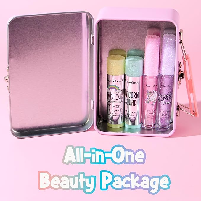 EXPRESSIONS 5pc Cosmetics Lip Kit For Kids w/Lip Glosses, Lip Balms & Tin Box Storage Case,I Believe in Unicorns Hologrpahic,Washable + Non Toxic
