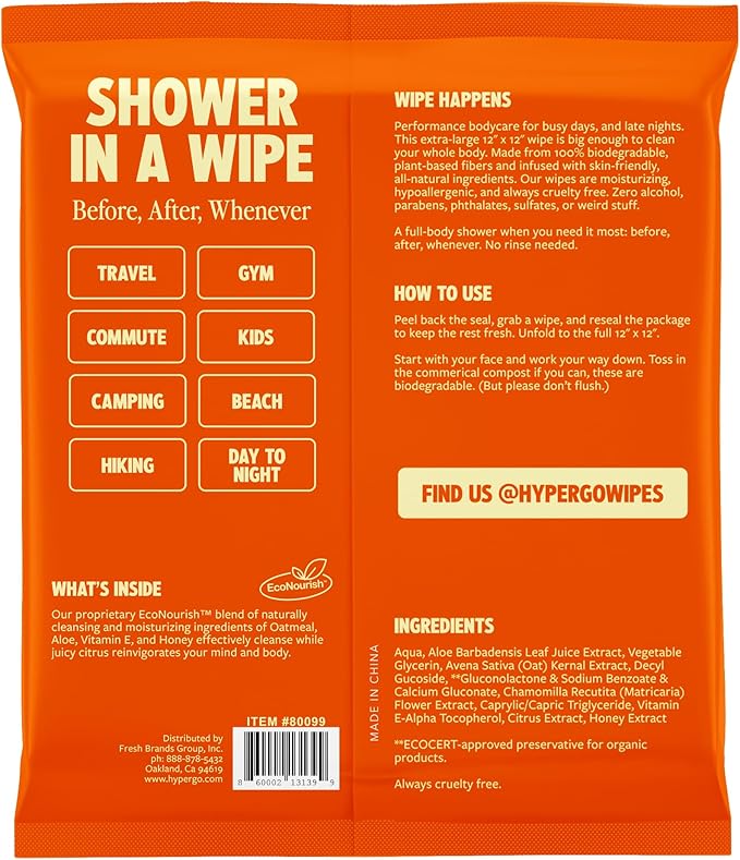 HyperGo XL Body Wipes for Women & Men – 12" x12" Rinse-Free Full Body Cleansing Wipes 20 Count Pack - Citrus | Biodegradable, Hypoallergenic, Aloe-Infused | Gym, Festival, Camping Essentials