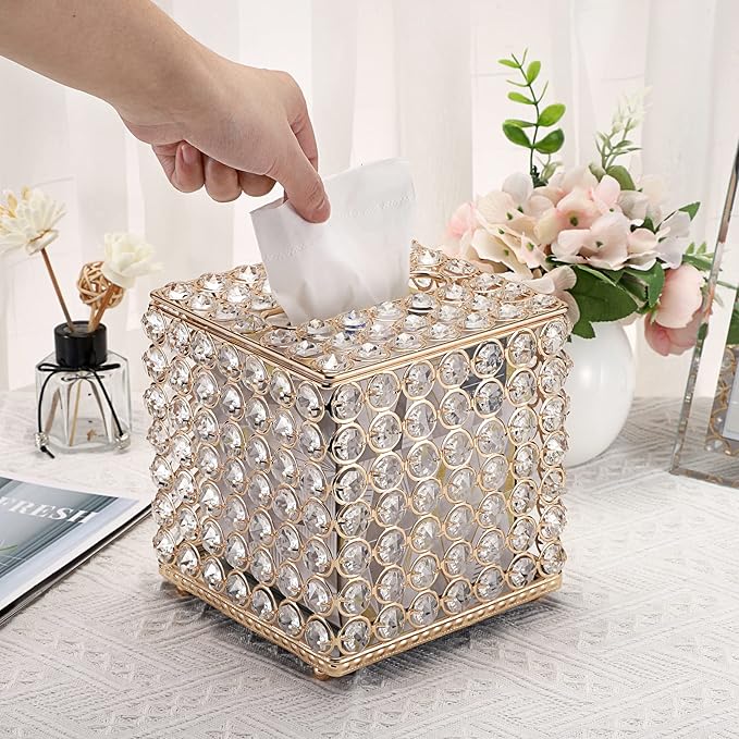 Sumnacon Crystal Square Tissue Box Cover - Sparkling Glass Cube Tissue Box Holder, Decorative Facial Tissue Holder for Bedroom Bathroom Vanity Dresser Night Stand Table Office Home Decor, Gold