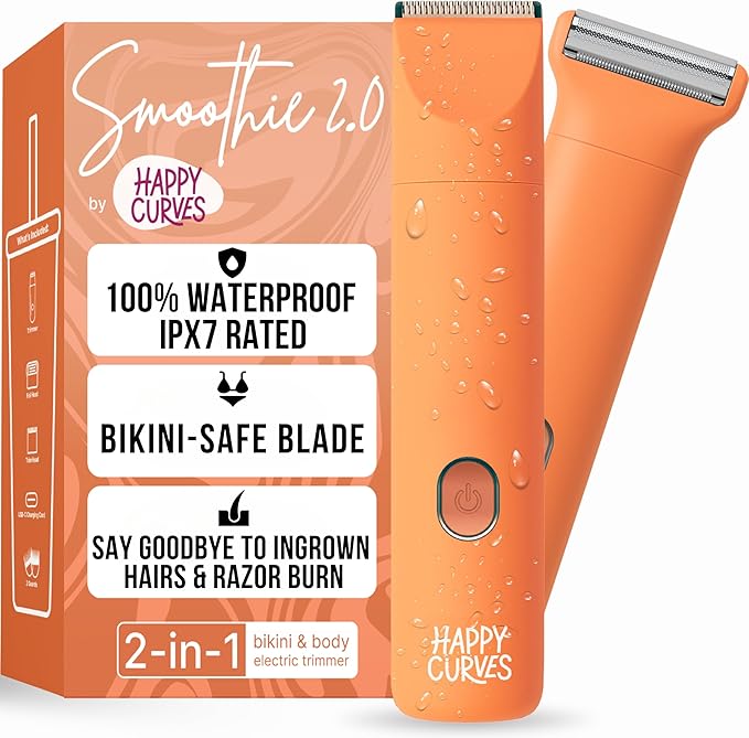 HAPPY CURVES Smoothie 2.0 Bikini Trimmer - Electric Razor for Women, Waterproof Hair Groomer with Adjustable Guards, Personal Shaver for Pubic Hair, Ladies Intimate Shaver and Body Trimmer (Mango)