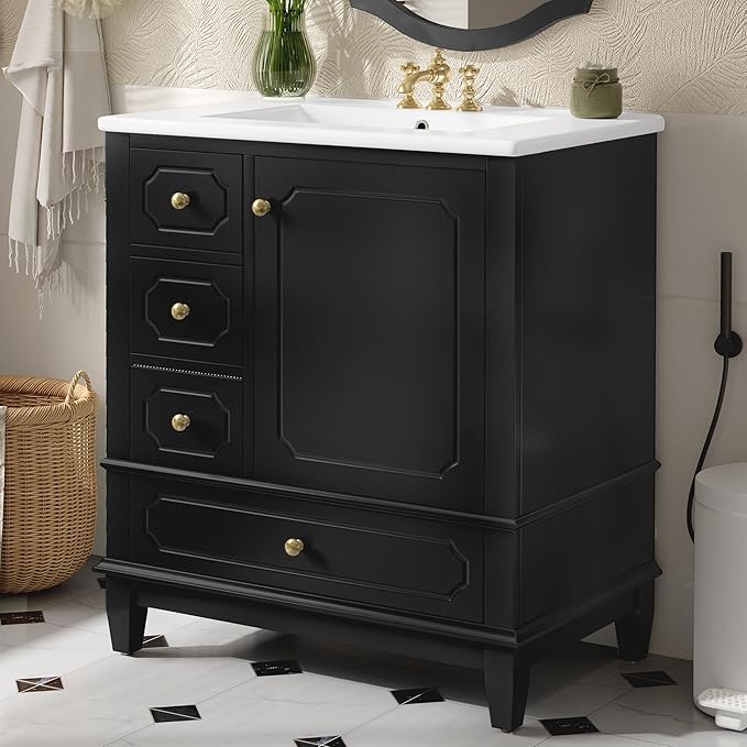 30" Bathroom Vanity with Sink, Harper & Bright Designs Free Standing Single Vanity Set with 3 Drawers and One Door with Storage Racks, Solid Wood Storage Cabinet with Ceramic Basin for Bathroom, Black