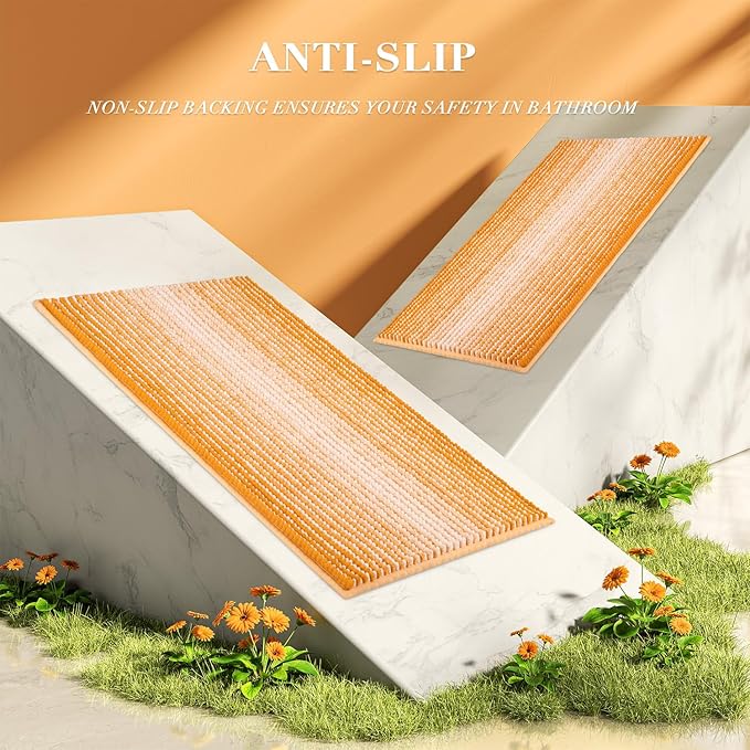 Bathroom Rugs and Mats Sets, 2 Piece Thick Absorbent Chenille Bath Mat Rug Set Non Slip, Soft Shaggy Bath Room Floor Mats for Bathroom, Machine Washable (Buff Orange, 20" x 32" Plus 16" x 24")