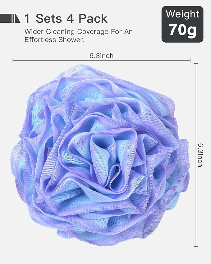 Loofah Sponge 70g, 6.3 Inch Large Exfoliating Bath Sponge, Soft Durable PE Mesh with Reinforced Knotting, Rich Lather Bath Scrubber for Body, for Travel or as a Holiday Gift (4Pack, Green-Blue)