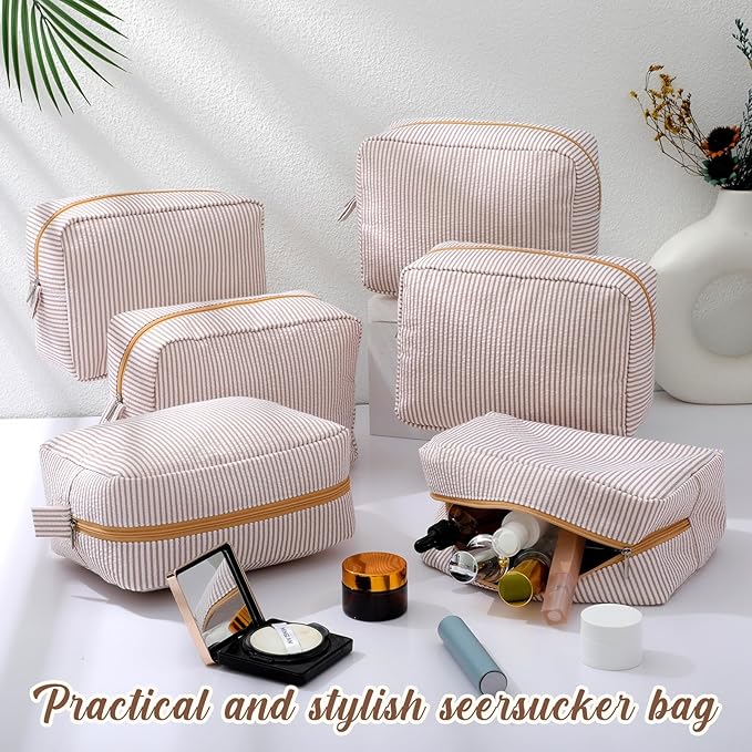 Sanwuta 6 Pcs Seersucker Cosmetic Bag Bulk Pinstripe Makeup Bag for Women Aesthetic Cute Travel Toiletry Organizer Preppy Storage Pouch for Wedding Bridesmaid Christmas Gift (Large, Khaki)