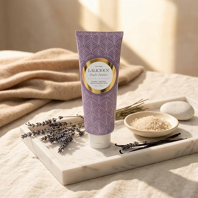 LaLicious Sugar Lavender Body Butter - Hydrating Body & Skin Moisturizing Cream with Whipped Shea Butter, Vitamin E, Cucumber Extract & Apricot Oil - No Parabens (8oz)