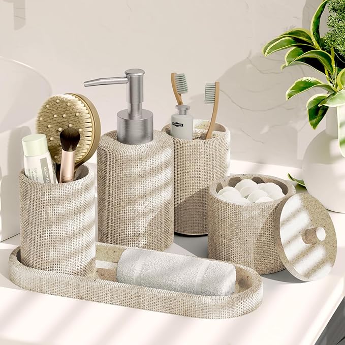 Clara Clark Bathroom Set - Beige Bathroom Accessories Set, 24PC Bathroom Accessory Set, Bathroom Sets with Shower Curtain Set, Adhesive Corner Shower Caddy Hanging & Soap Dispenser