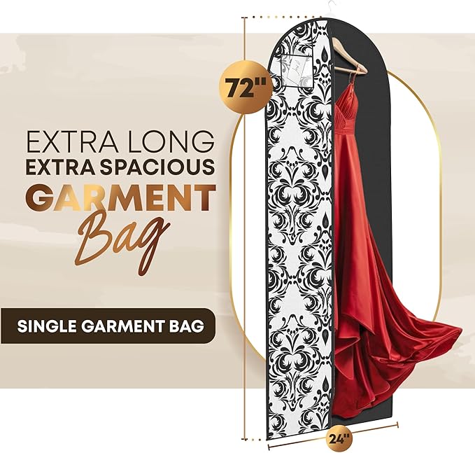 72" Long Dress Bags for Gowns - Wedding Dress Garment Bag for Dresses - Long Garment Bags for Hanging Clothes & Closet Storage - Durable Travel Bag for Women with ID Window