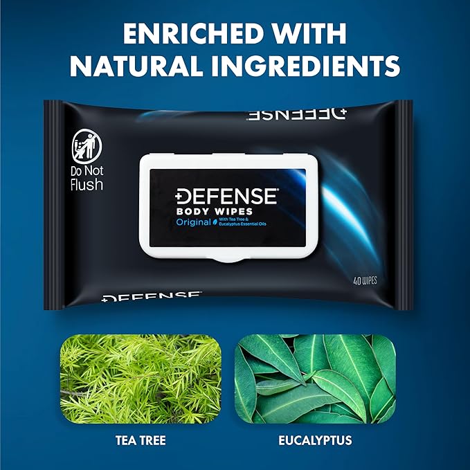 Defense Soap All Natural Body Wipes with Tea Tree Oil | Wrestling, Combat, Camping, Gym, Post Workout Shower Wipes for Men and Women. 40 Count (Pack of 6)