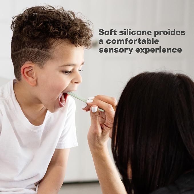 ezpz Baby-Led Toothbrush + Tongue Depressor Dual Pack (Pewter) - 100% Silicone Toothbrush + Silicone/Stainless Steel Tongue Depressor - Helps Set-up Infants for a Healthy Oral Care Routine