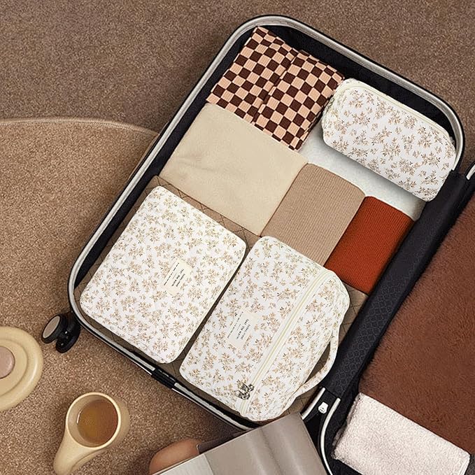 3Pcs Makeup Bag Cotton Quilted Travel Cosmetic Bag Cute Floral Makeup Pouch Large Toiletry Bag for Women Girls