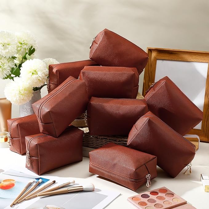 Kigeli 15 Pcs Aesthetic Makeup Bags PU Leather Cosmetic Pouches Waterproof Plain Toiletry Bags Makeup Pouches Bulk for Women Party Gift Travel Storage Organizer(Brown)