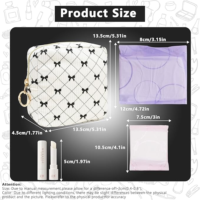 Period Bag for Girls, Corduroy Sanitary Napkin Storage Bag, Period Pouch & Tampon Holder, Feminine Care Organizer（Black Bow）