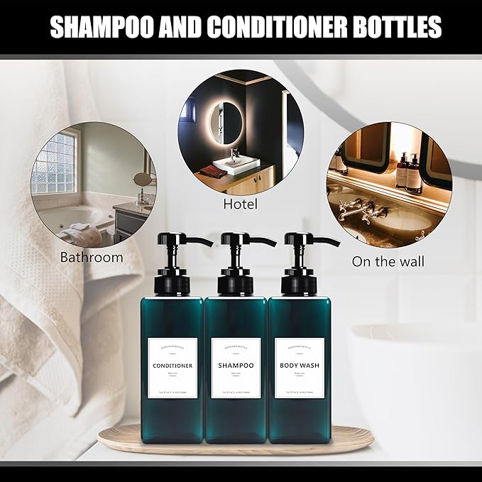 16.9oz Set of 3 Refillable Shower Dispensers, Black, Rectangular, PUMP DISPENSER