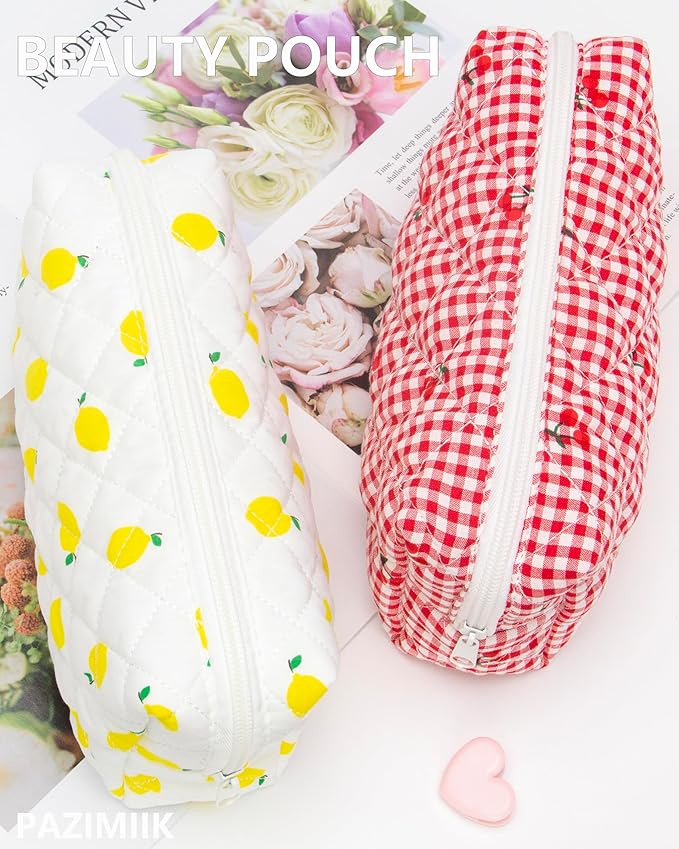 PAZIMIIK Vintage Quilted Makeup Bag Cosmetic Pouch for Brushes Pencils and Travel Make Up Accessories for Women and Girls Lemon White