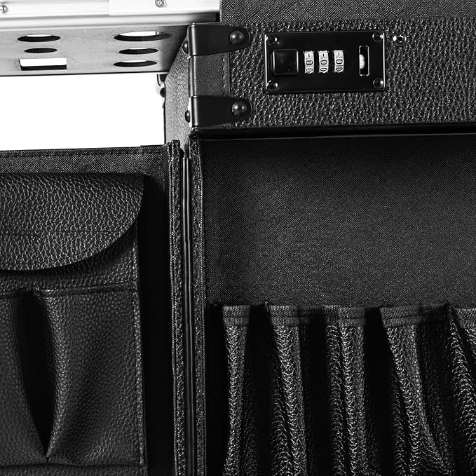 Bepritm Rolling Makeup Case, Large Retro Train Case Hairdressing Trolley with Universal Casters & Combination Lock, Travel Hair Tool Organizer for Barber, Beauty Stores, Nail Salons (Black)