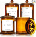 4 Pack Bathroom Organizers and Storage - 16 Oz Glass Qtip Holder & Cotton Pad Dispenser with Lid, Apothecary Jars for Home, Room Decor, Kitchen Organizer (Amber)