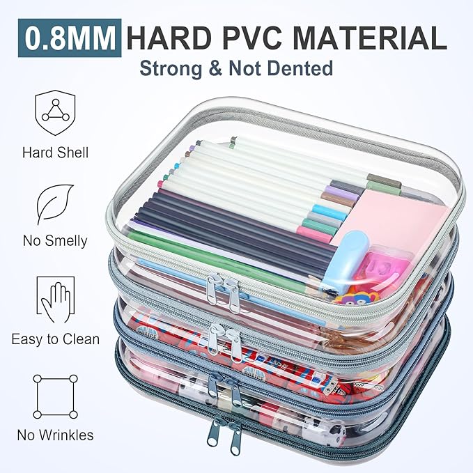 Hoolerry 4 Pcs Hard Clear Zipper Case Makeup Bags Plastic Zipper Pouch Transparent Storage Box Containers for Cosmetics, Snacks, Building Blocks, Puzzles(Clear,9.8 x 7.9 x 2 in,Morandi)
