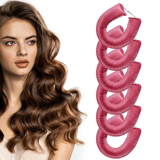 Heatless Curlers, Heatless Curls Overnight Set for Women, Soft Hair Curlers to Sleep In, Jumbo No Heat Hair Curlers Set with Headscarf and Hook for Long Hair - 6Pcs Rose-Red