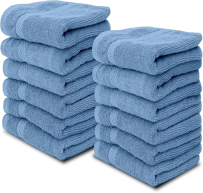 White Classic Luxury Cotton Washcloths 13x13 Inch - 650 GSM Turkish Cotton | Hotel, Spa, Bathroom Face Towel | 12 Pack, Light Blue
