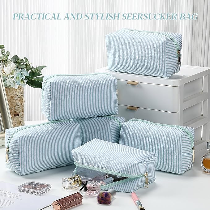 Sanwuta 6 Pcs Seersucker Cosmetic Bags Bulk Seersucker Makeup Bags Stripe Women Pouch Large Preppy Storage Pouch Toiletry Travel Organizer for Wedding Bridesmaid Bride Favor Mom Gift (Lake Blue)