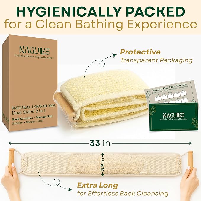 Mom Gift Premium Egyptian 100% Natural loofah with Handle Back Scrubber for Shower and Massage exfoliating Body Scrubber loofah for Men and Women for Shower loofa Clean Your Back Deeply