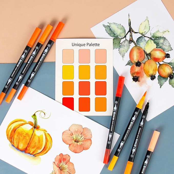 Orange Duo Tip Marker Pens, 12 Pack Fine & Brush Markers for Adult Coloring Books No Bleeding, Sunset Orange Markers for Autumn Scenes, Citrus Fruits, Vibrant Fills and Energetic Artworks