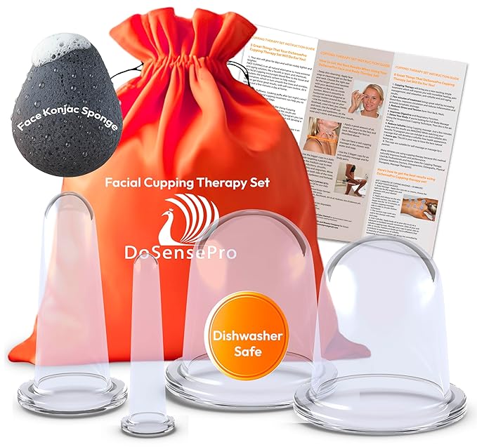 Facial Cupping Set – 4 Silicone Cups for Face, Neck & Body + Konjac Sponge & Guide – Lymphatic Drainage, Anti-Aging, Puffiness Reduction, TMJ Relief & Cellulite Massage – Medical-Grade Silicone