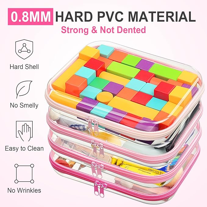 Hoolerry 4 Pcs Hard Clear Zipper Case Makeup Bags Plastic Zipper Pouch Transparent Storage Box Containers for Cosmetics, Snacks, Building Blocks, Puzzles(Clear,9.8 x 7.9 x 2 in,Pink)