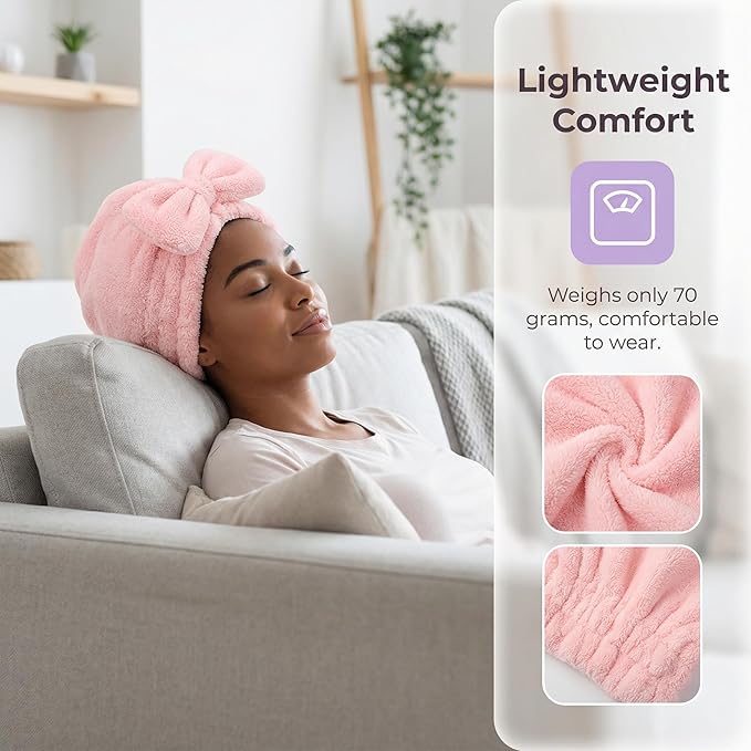 Microfiber Hair Towel Wrap for Thick Damaged Hair, Quick Drying Hair Turban with Bow, Super Absorbent Anti Frizz Hair Cap for Curly Frizzy Hair, Lightweight Towel for Women After Shower (Pink+Purple)