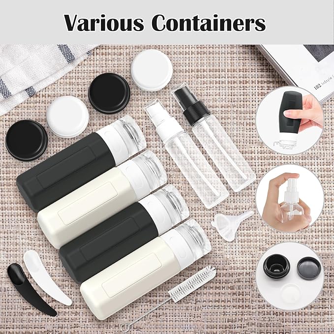 Redfly 17PCS Travel Bottles for Toiletries, TSA Approved Leak Proof Refillable Travel Size Containers, Silicone Travel Kit for Shampoo, Conditioner, Lotion & Creams Black&White