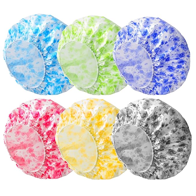 6 PCS Shower Caps for Women, Double Side Waterproof Shower Cap, Reusable Elastic Bath Caps for Shower, EVA Bathing Shower Caps, Bath Hair Caps - Plum Blossom